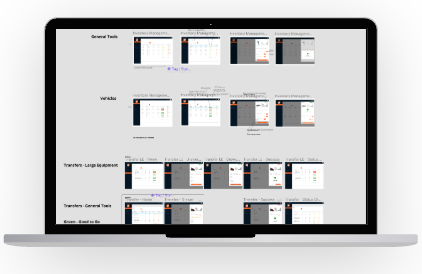 Figma overview showing General Tools, Vehicles, and Transfers design screens