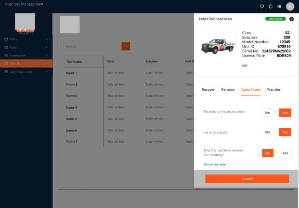 Final vehicle management UI with Ford F250 Load N Go detail