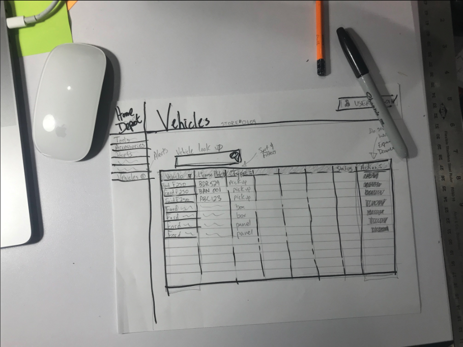 Hand-drawn wireframe of Home Depot Vehicles screen